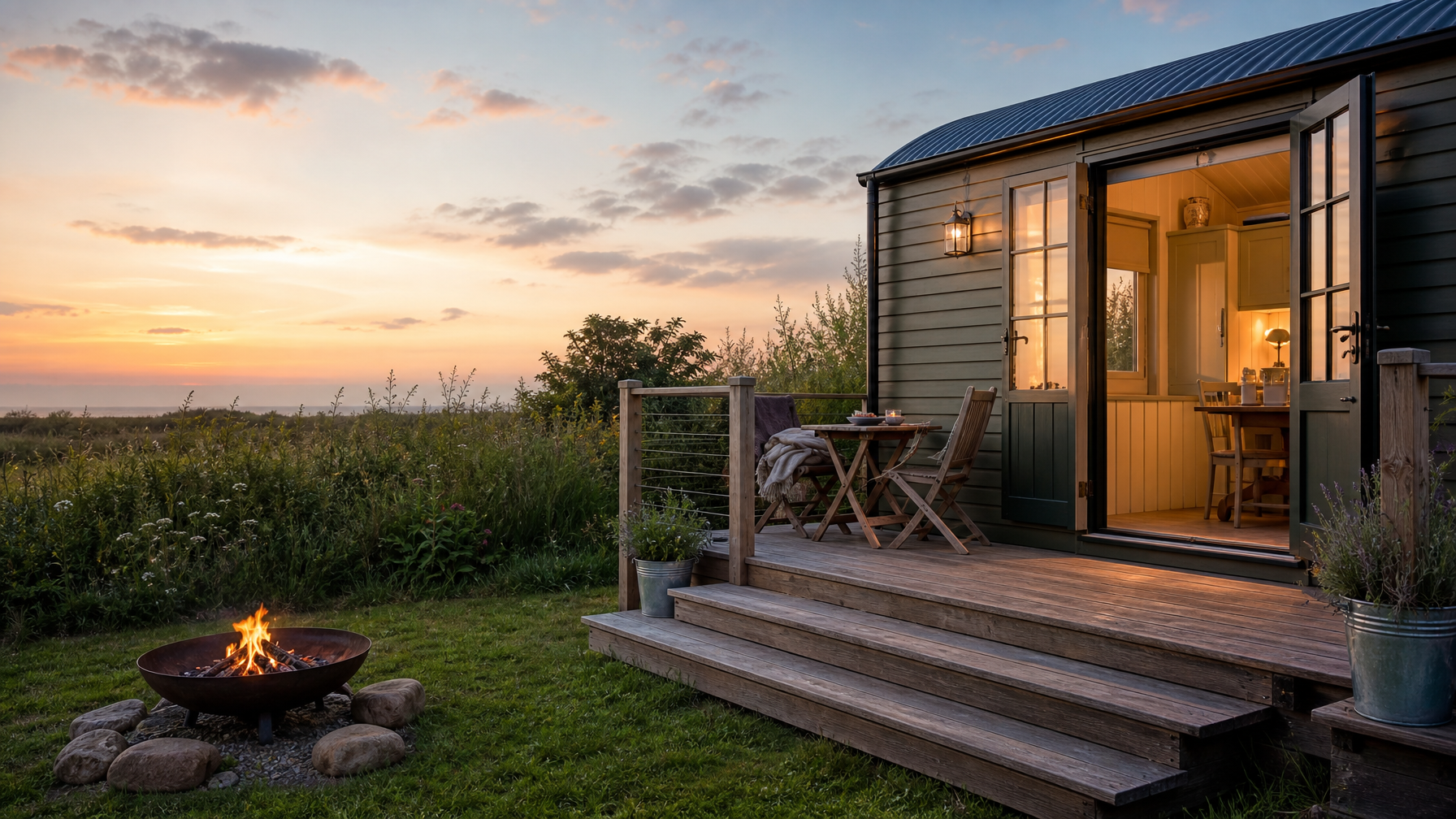 Shepherd hut with private deck and fire pit, North Norfolk Coast, UK