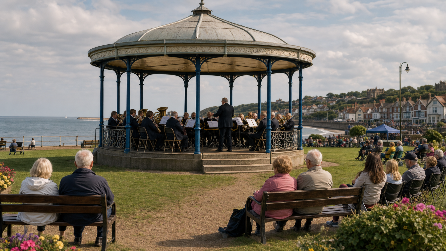 Sunday brass band concert in Hunstanton Bandstand on The Green, North Norfolk UK