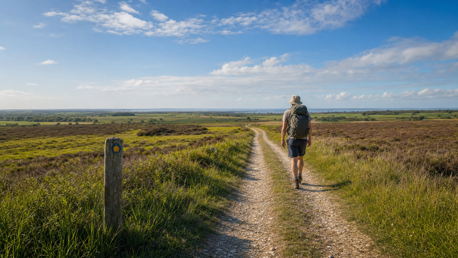 Peddars Way style long-distance footpath across open Norfolk farmland toward the coast, UK