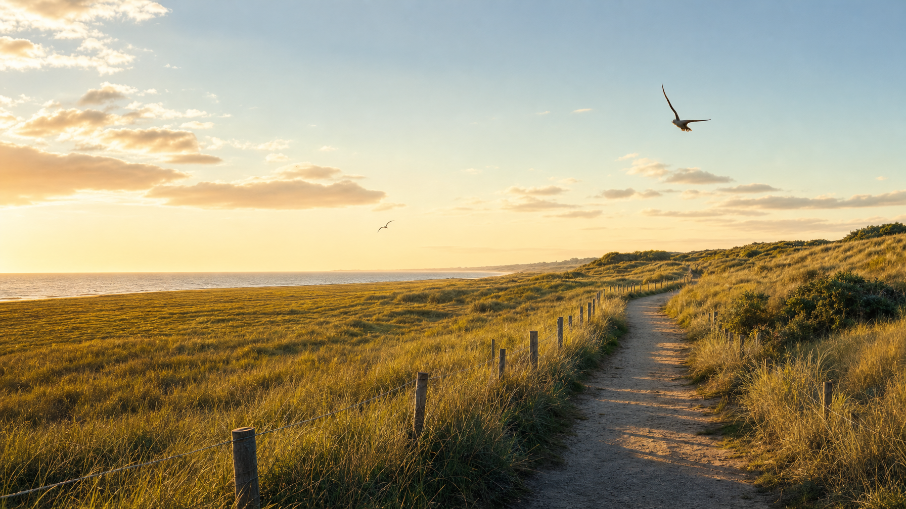 North Norfolk coast path dunes and big sky near Hunstanton and Holme, Norfolk, UK