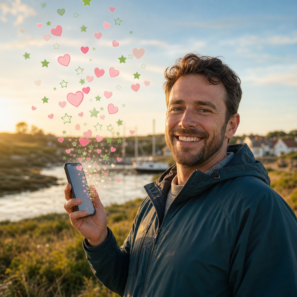 Male outdoor creator on the North Norfolk coast holding a phone with likes and loves streaming from the screen