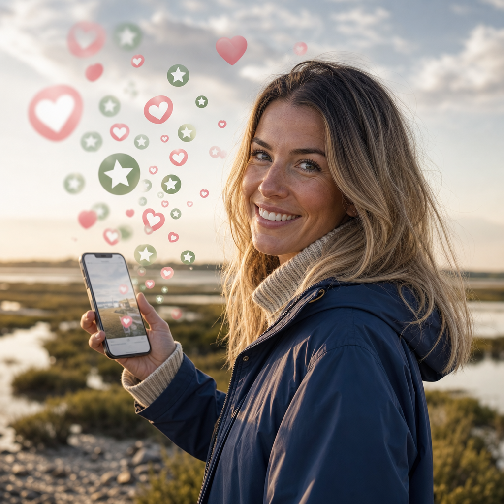Female travel creator on the North Norfolk salt marsh holding a phone with likes and loves streaming from the screen