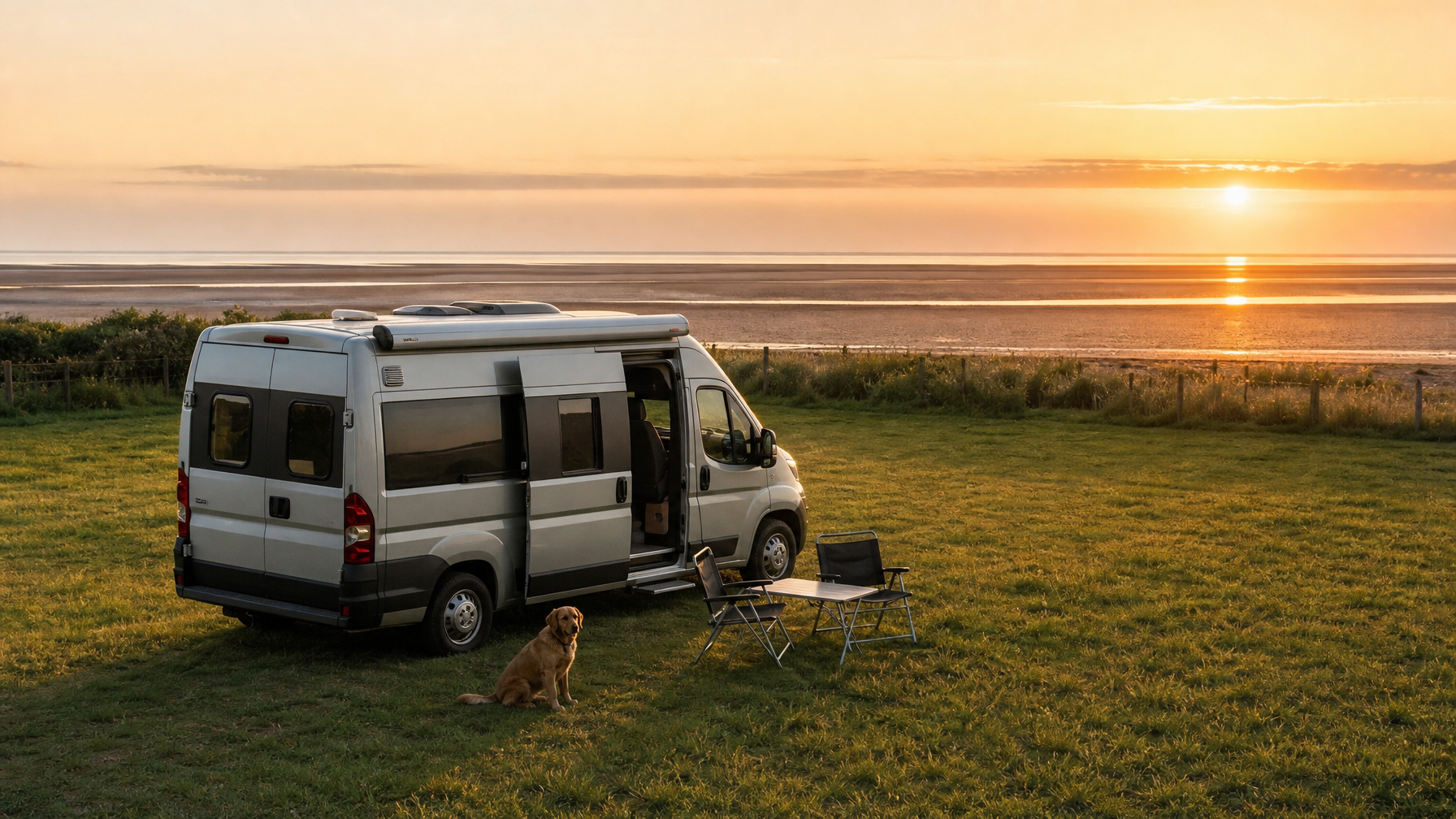 Campervan on a back-to-basics coastal pitch at mYminiBreak, North Norfolk, UK
