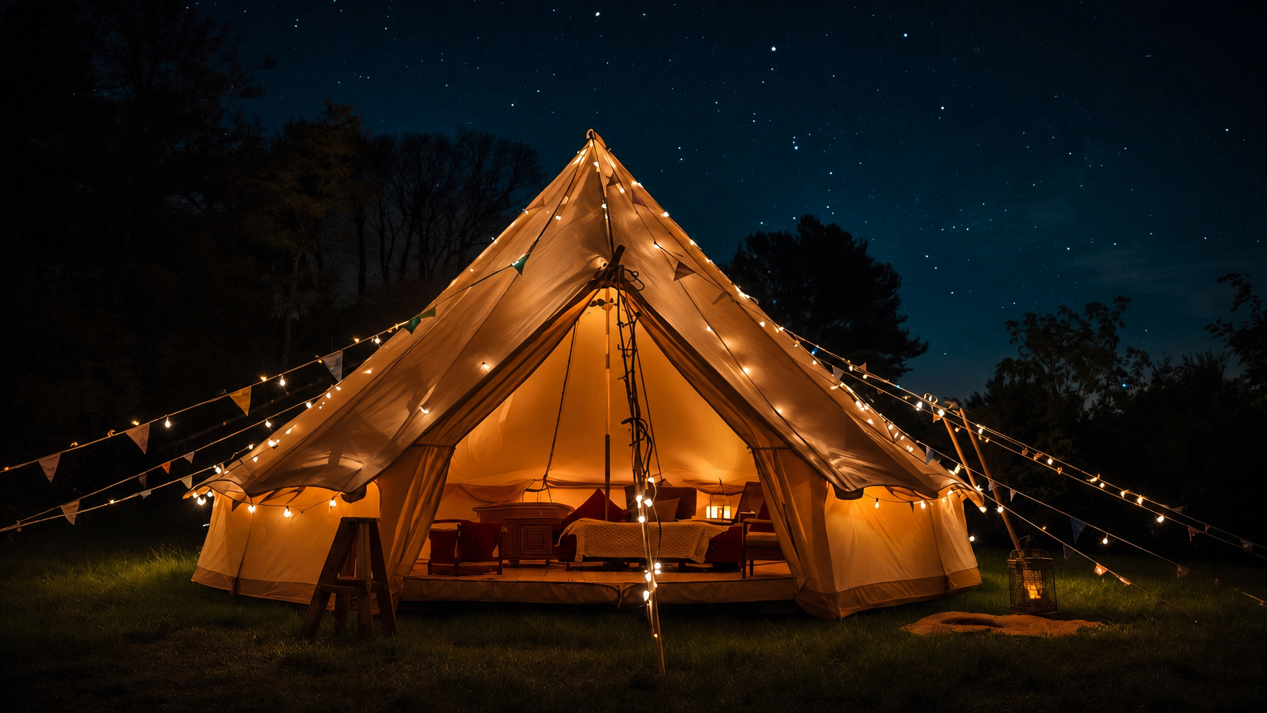 Fairy-lit bell tent at night, woodland glamping near Holt, Norfolk, UK