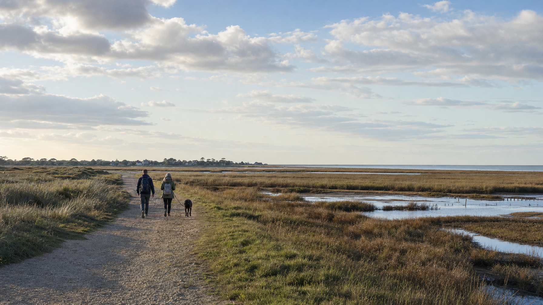 Walkers and dog on the King Charles III England Coast Path dunes near Holme-next-the-Sea, North Norfolk, UK