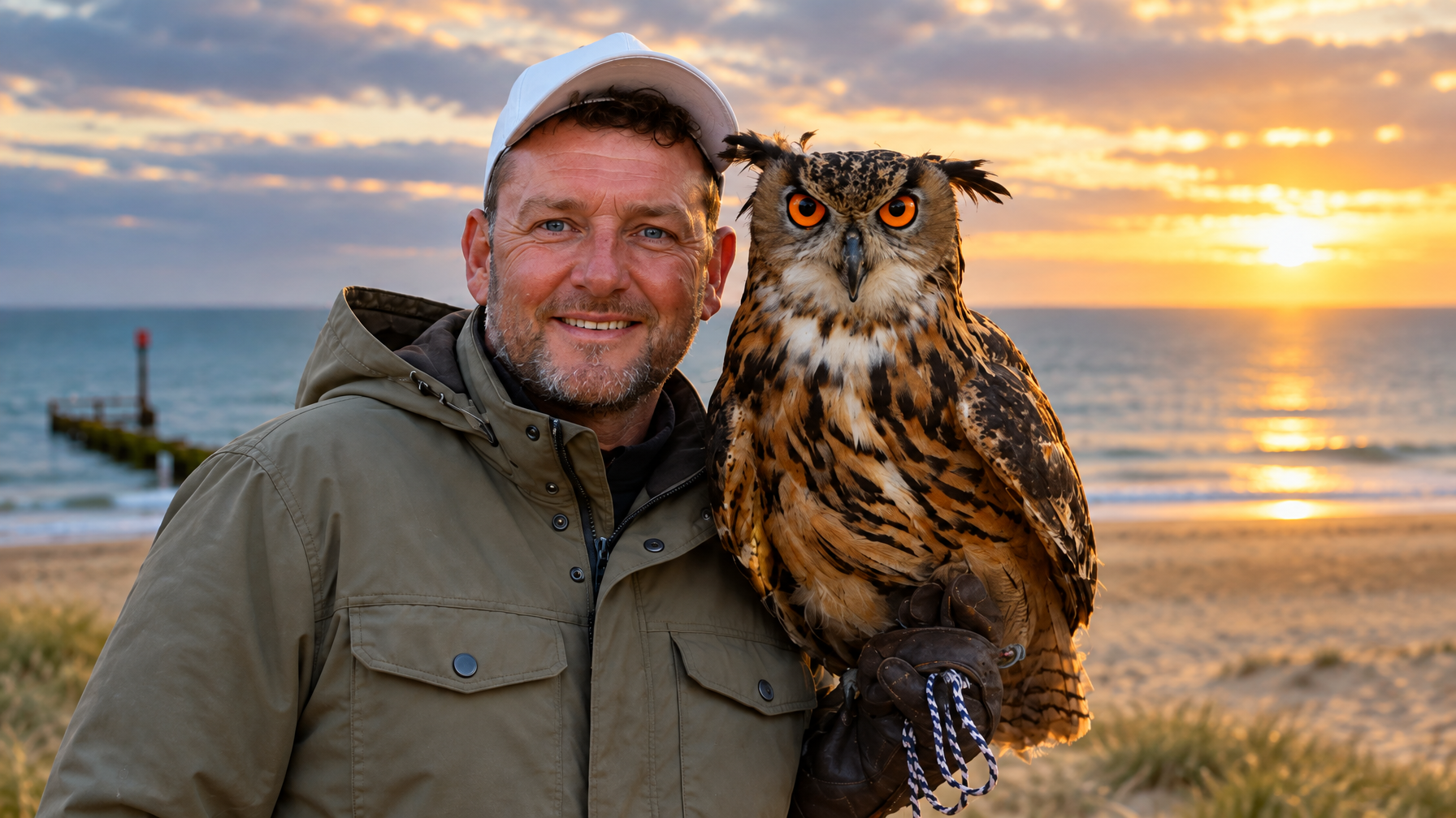 Simon from Owls About with an eagle owl on the glove, outdoor jacket, North Norfolk, UK owl handling experience