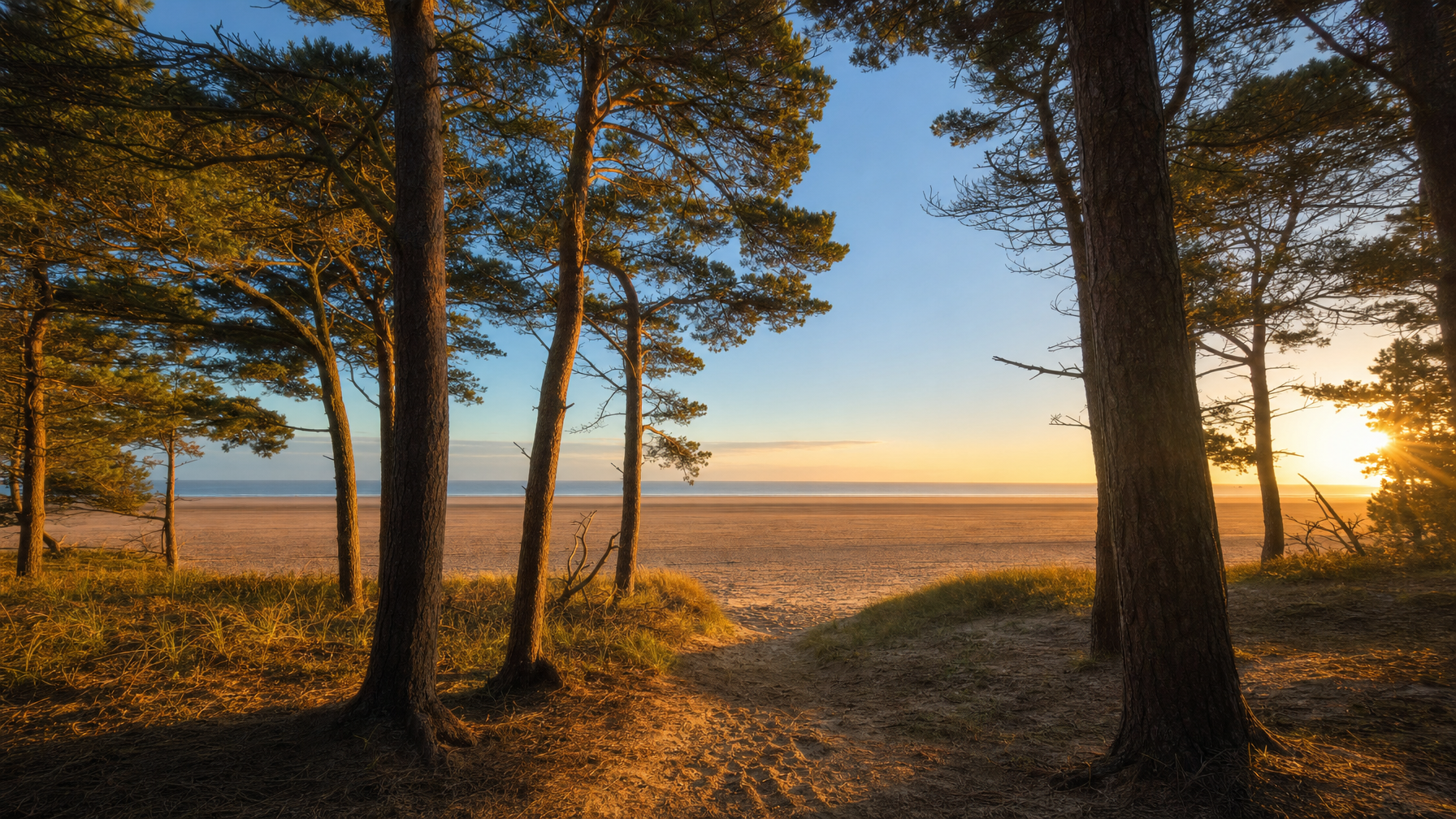 Holkham Beach pine walk opening to wide sand, North Norfolk, UK