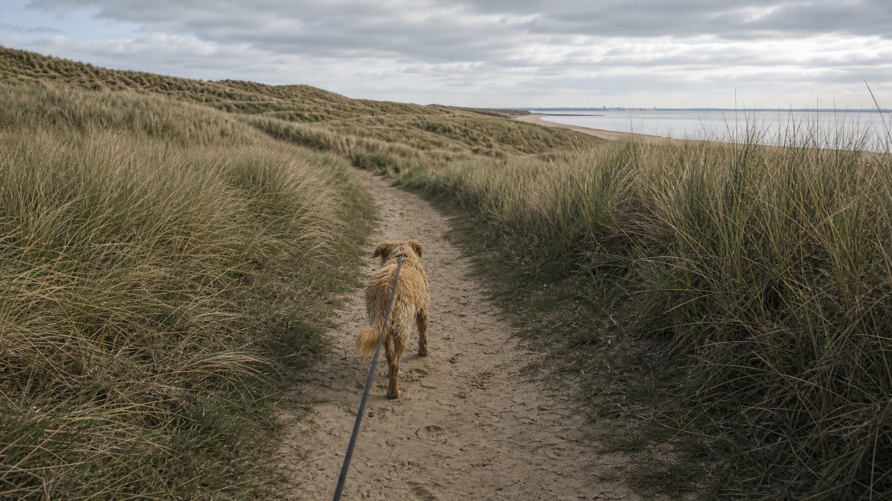 Dog on lead walking a dune path toward the North Norfolk sea, Coast Path style, Norfolk, UK