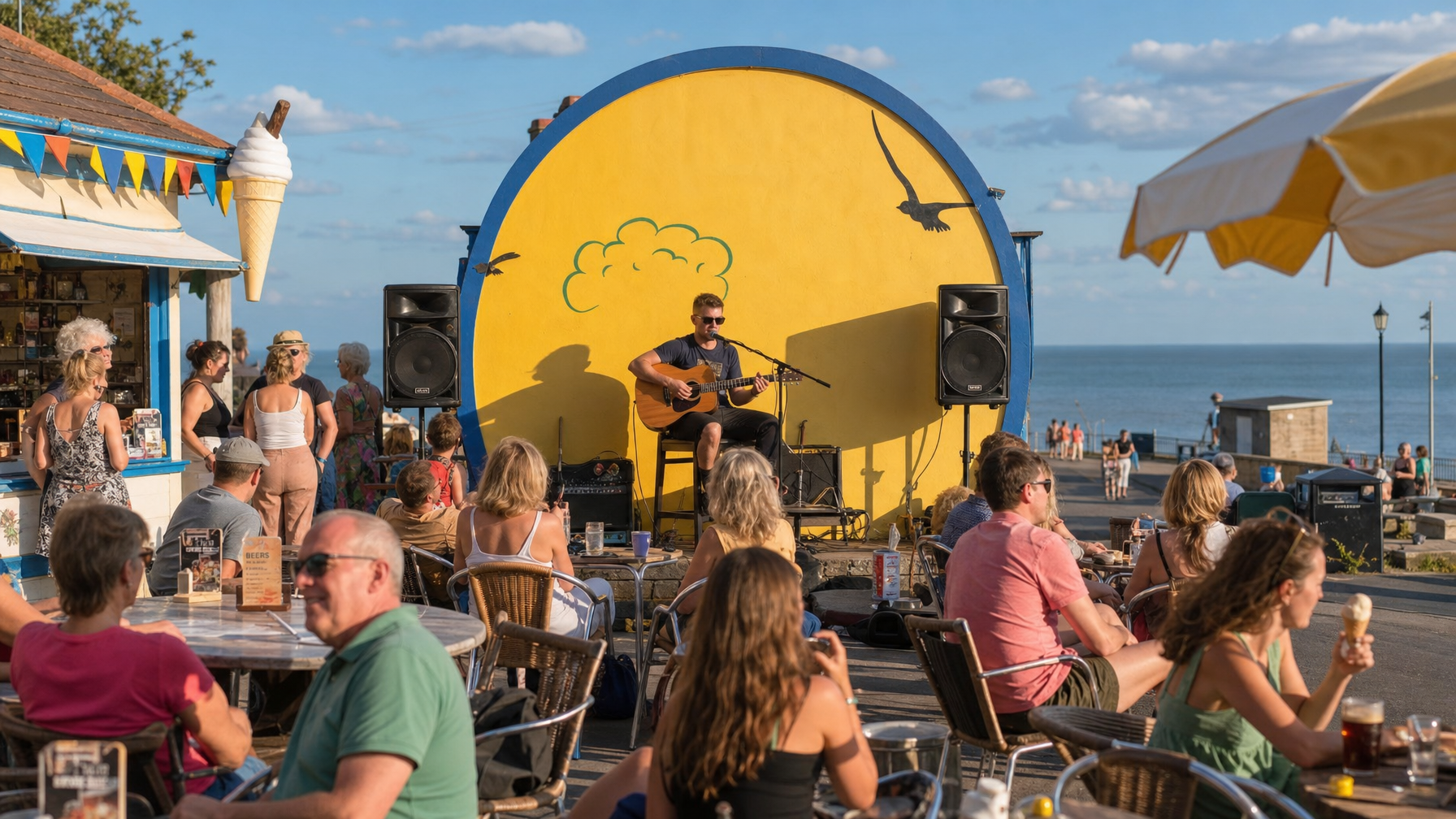 Beachside cafe live music on Hunstanton seafront, Ski Cafe style, North Norfolk UK