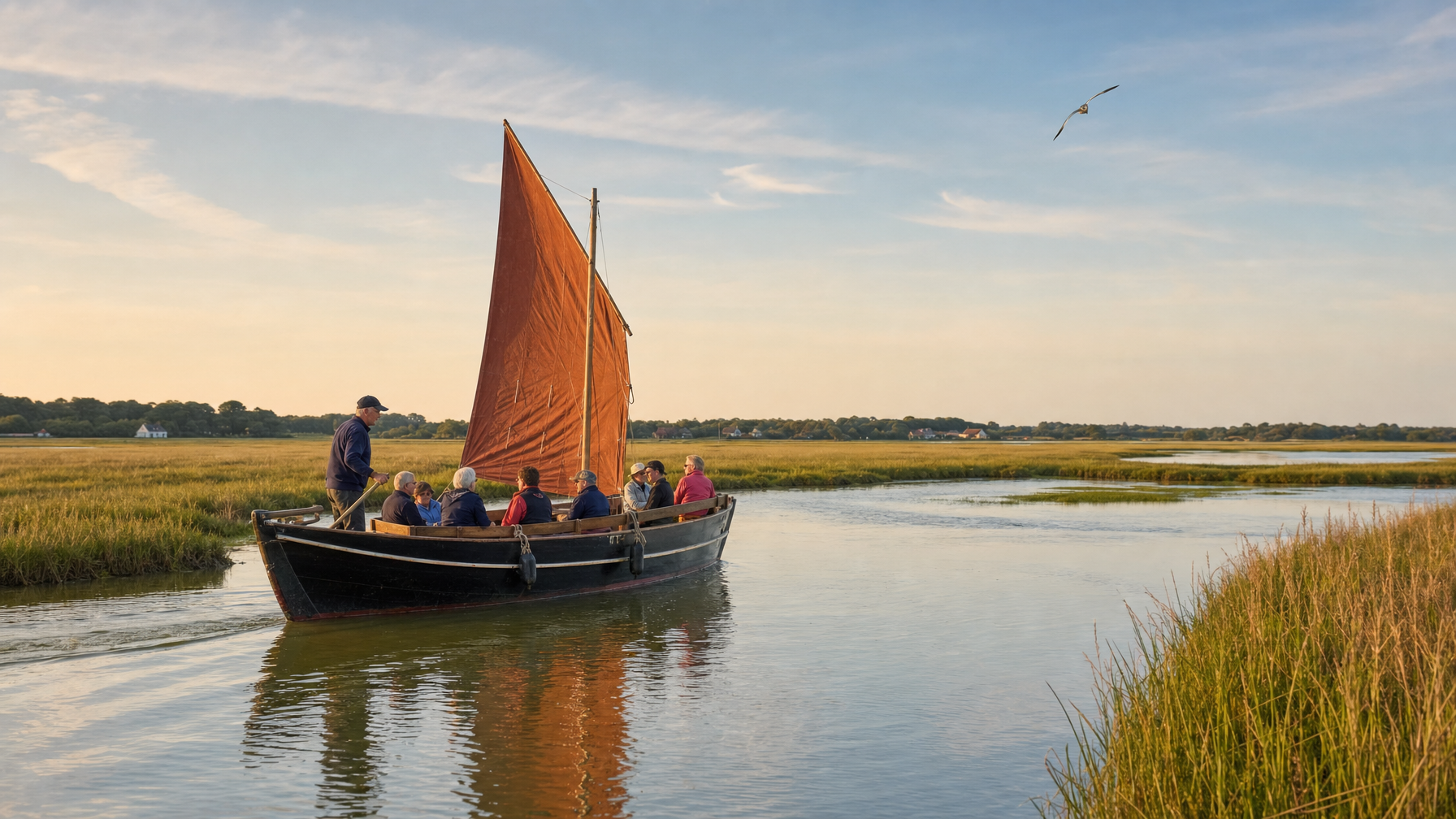Traditional Norfolk salt marsh boat on a tidal creek near Wells-next-the-Sea, Norfolk, UK