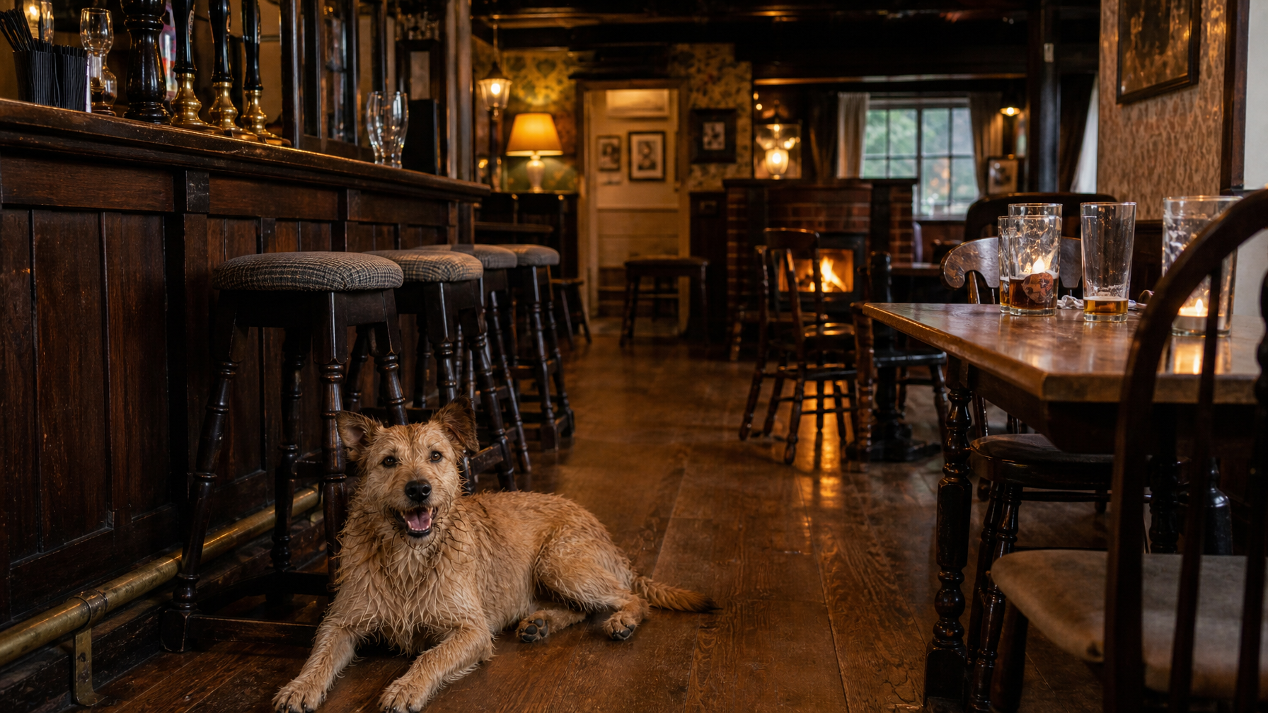 Dog resting in a traditional North Norfolk country pub bar, dog-friendly pubs Norfolk, UK