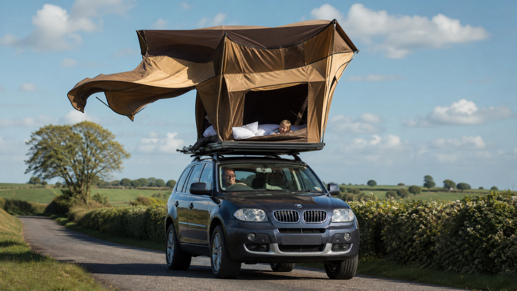 Car driving along a Norfolk country lane with roof tent fully open and flapping — the most common and most costly beginner mistake in roof tent camping