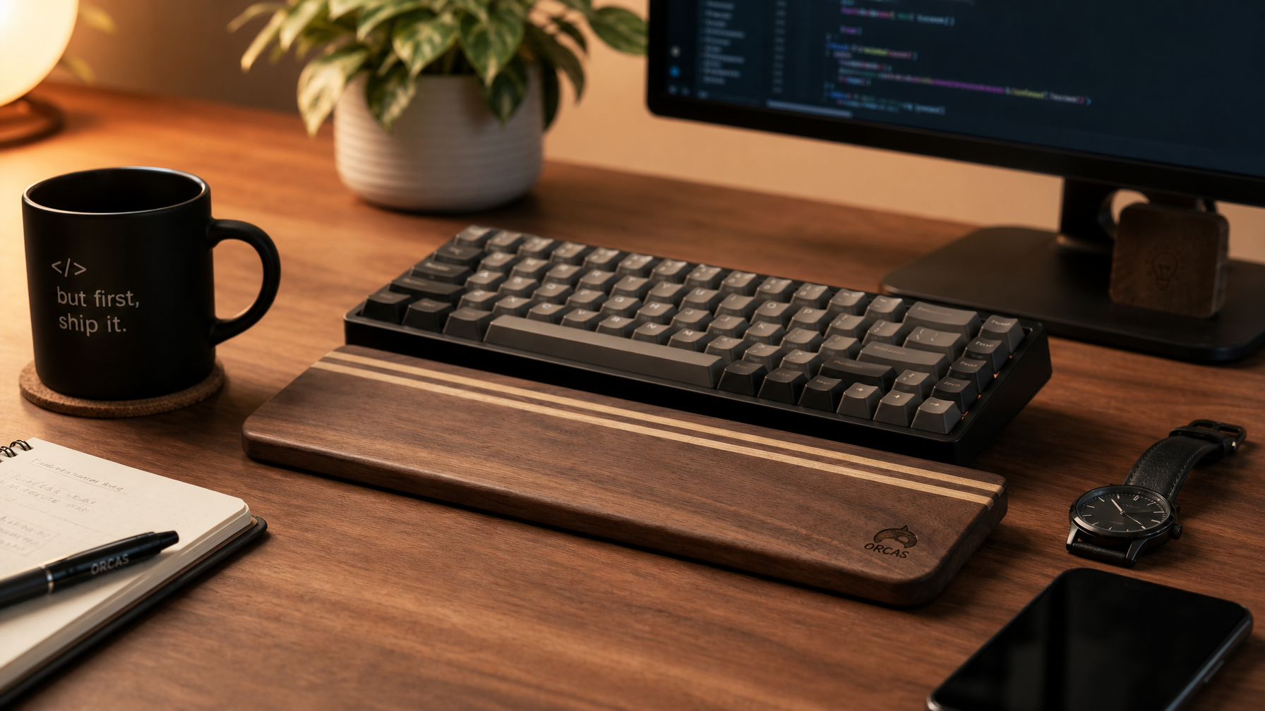 Walnut wrist rest on a developer desk lifestyle shot