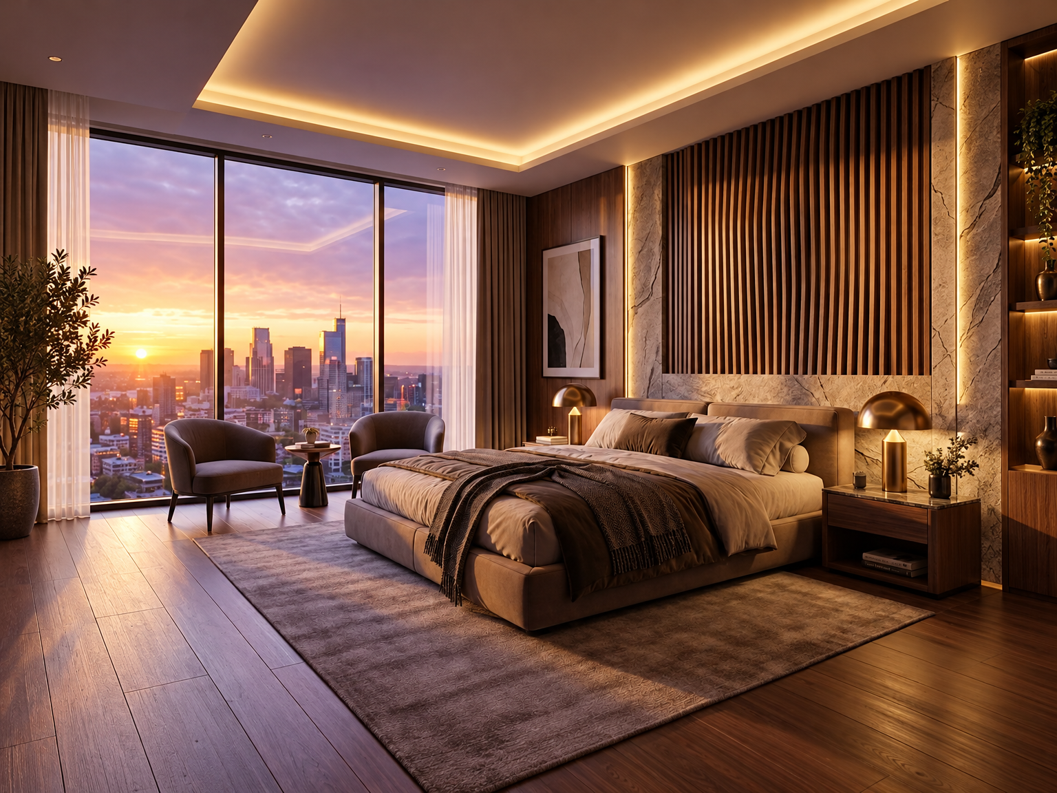 Bedroom suite with wood paneling and a nighttime view, an AI-generated architectural visualization