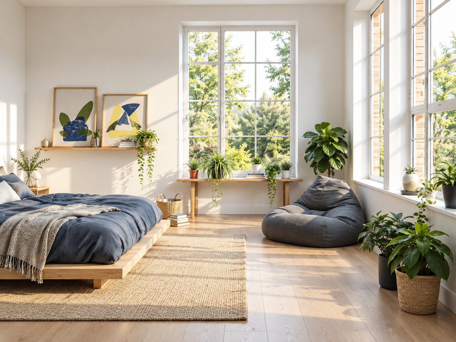 Quarto em estilo escandinavo com cama baixa de madeira e roupa de cama azul, exemplo de IA para design de interiores