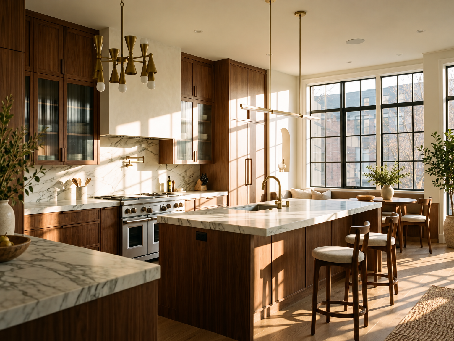 Cozinha contemporânea com madeira, mármore e pendentes em latão, render de decoração com inteligência artificial