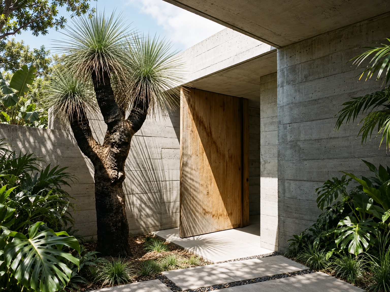 Residential entrance with exposed concrete and a pivoting wooden door