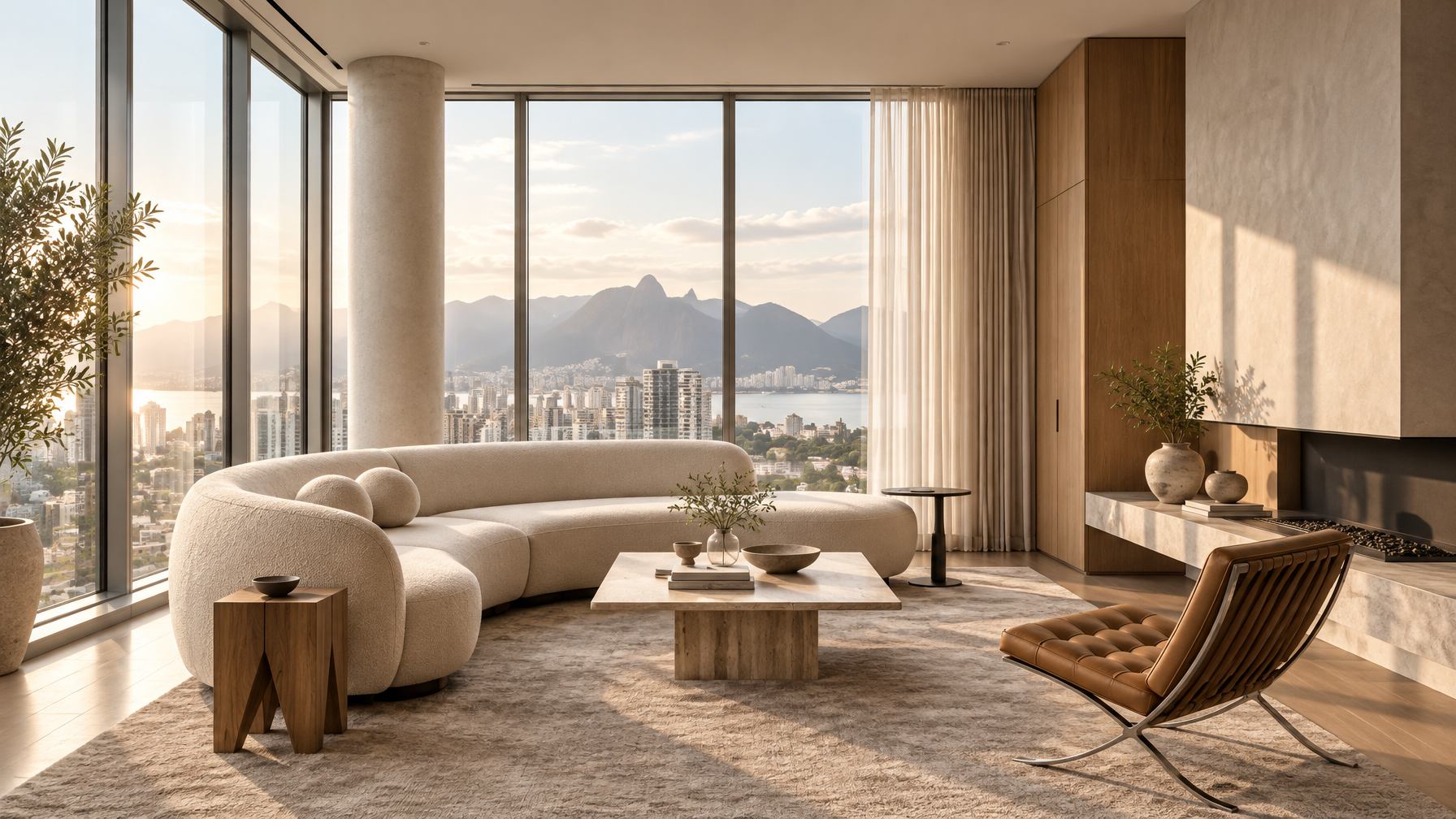 Sala de estar contemporânea com sofá curvo off-white e poltrona caramelo, render fotorrealista gerado com IA para decoração de interiores