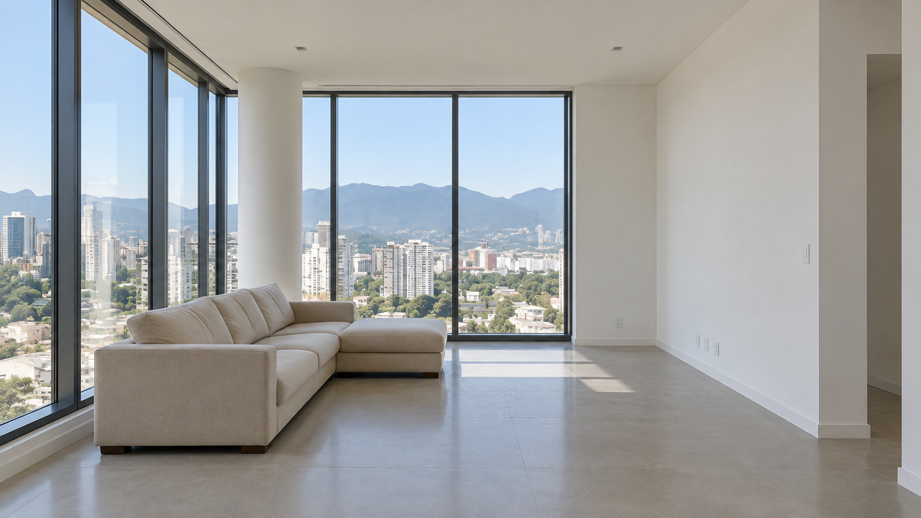 Ambiente de estar vazio e sem decoração, foto base antes de aplicar IA para decoração de interiores