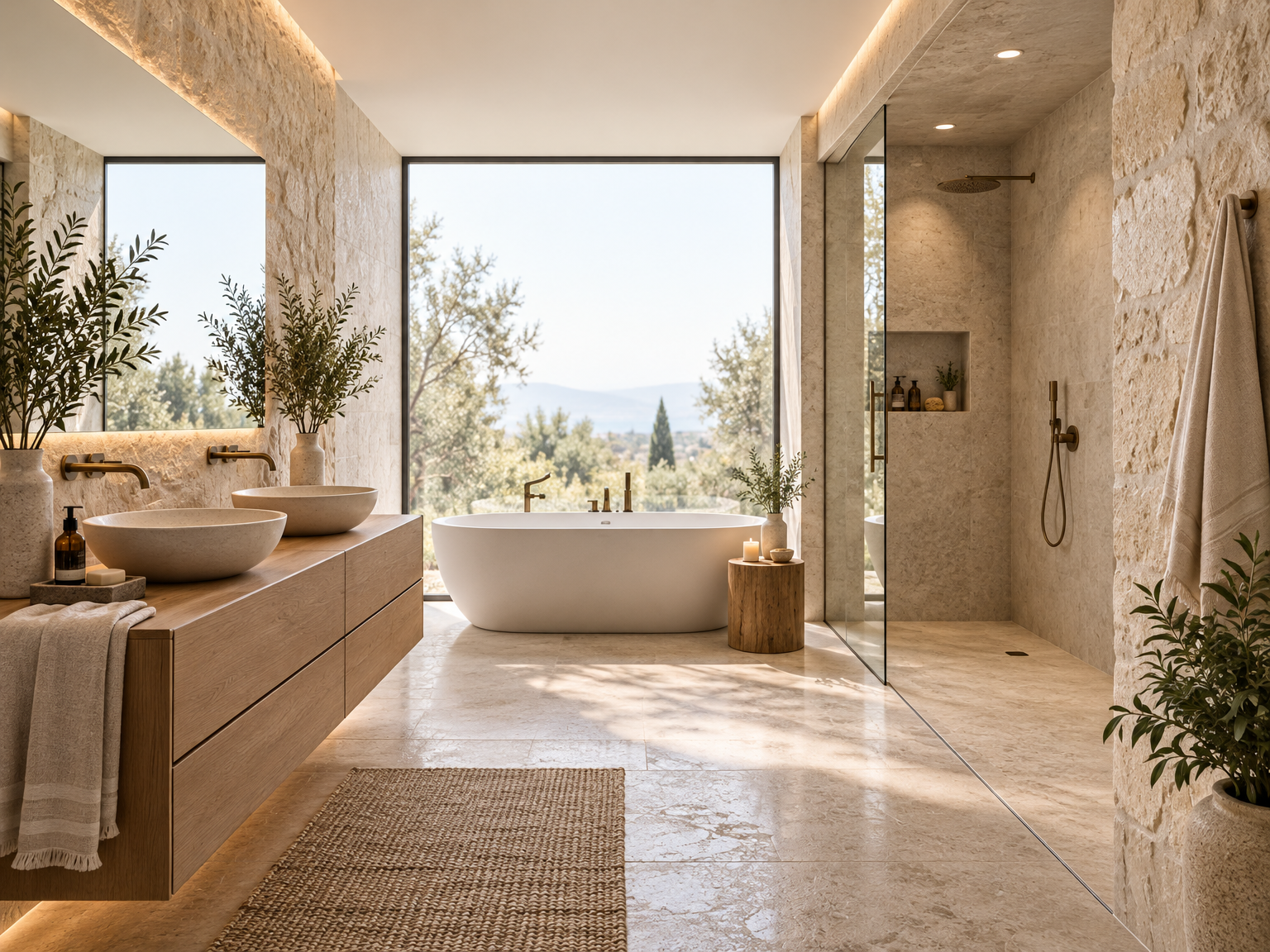 Banheiro minimalista com banheira freestanding e pedra natural, visualização de interior com IA
