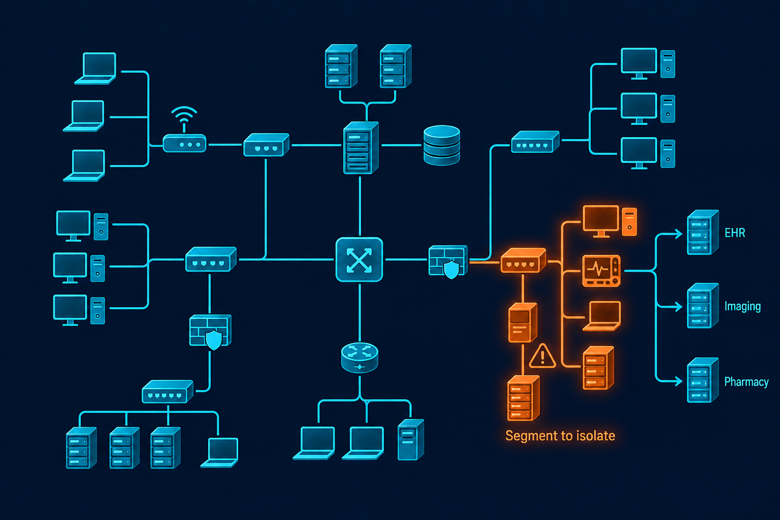 Dependency map for a network segment Healthcare network dependency map with an isolated segment linked to EHR, imaging and pharmacy services — Cybersecurity Asset Management Healthcare Nashville