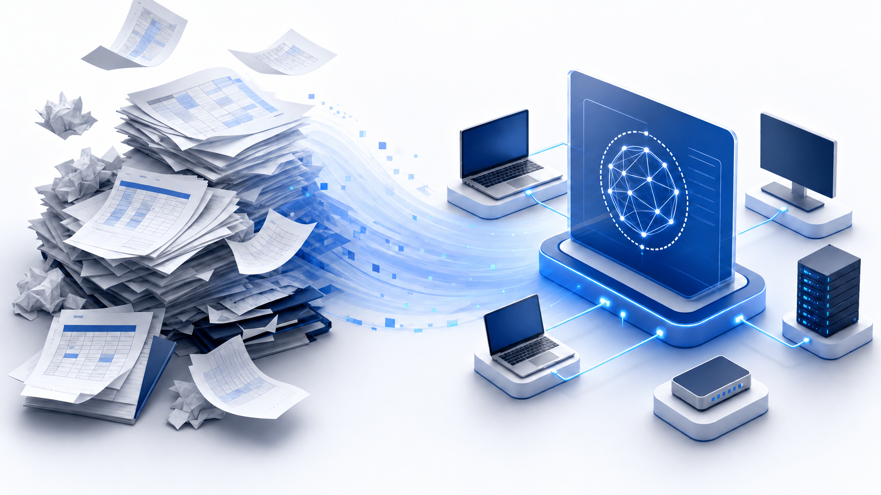 Spreadsheet inventory stacks flowing into a discovery-sourced IT asset network