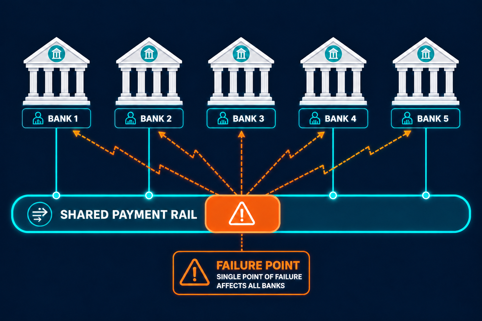 Shared payment rail single point of failure across banks Shared payment rail connecting five banks with a single failure point affecting all banks