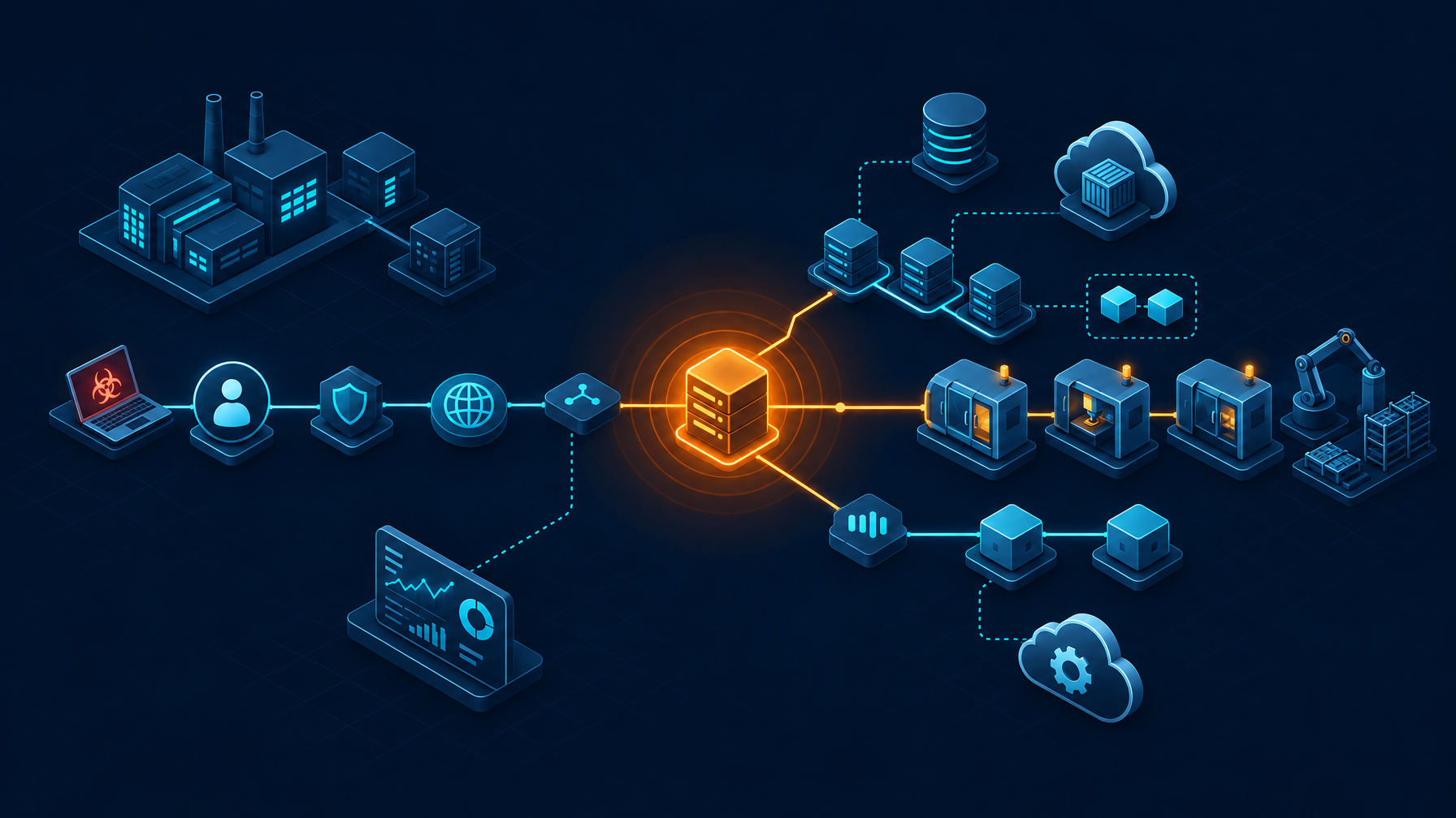 Engineering, vendor, and cloud entry paths converging on a glowing shared configuration-item dependency hub