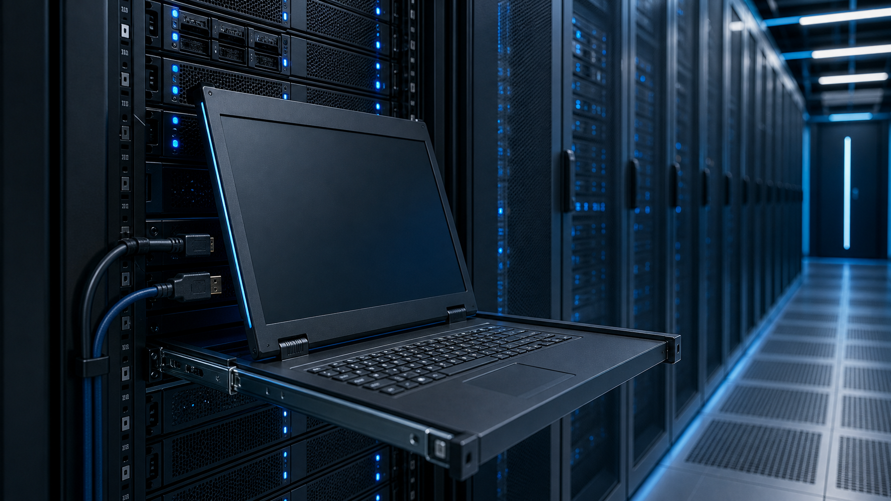 1U rackmount LCD keyboard drawer extended in a blue-lit server aisle with video cables on the rail