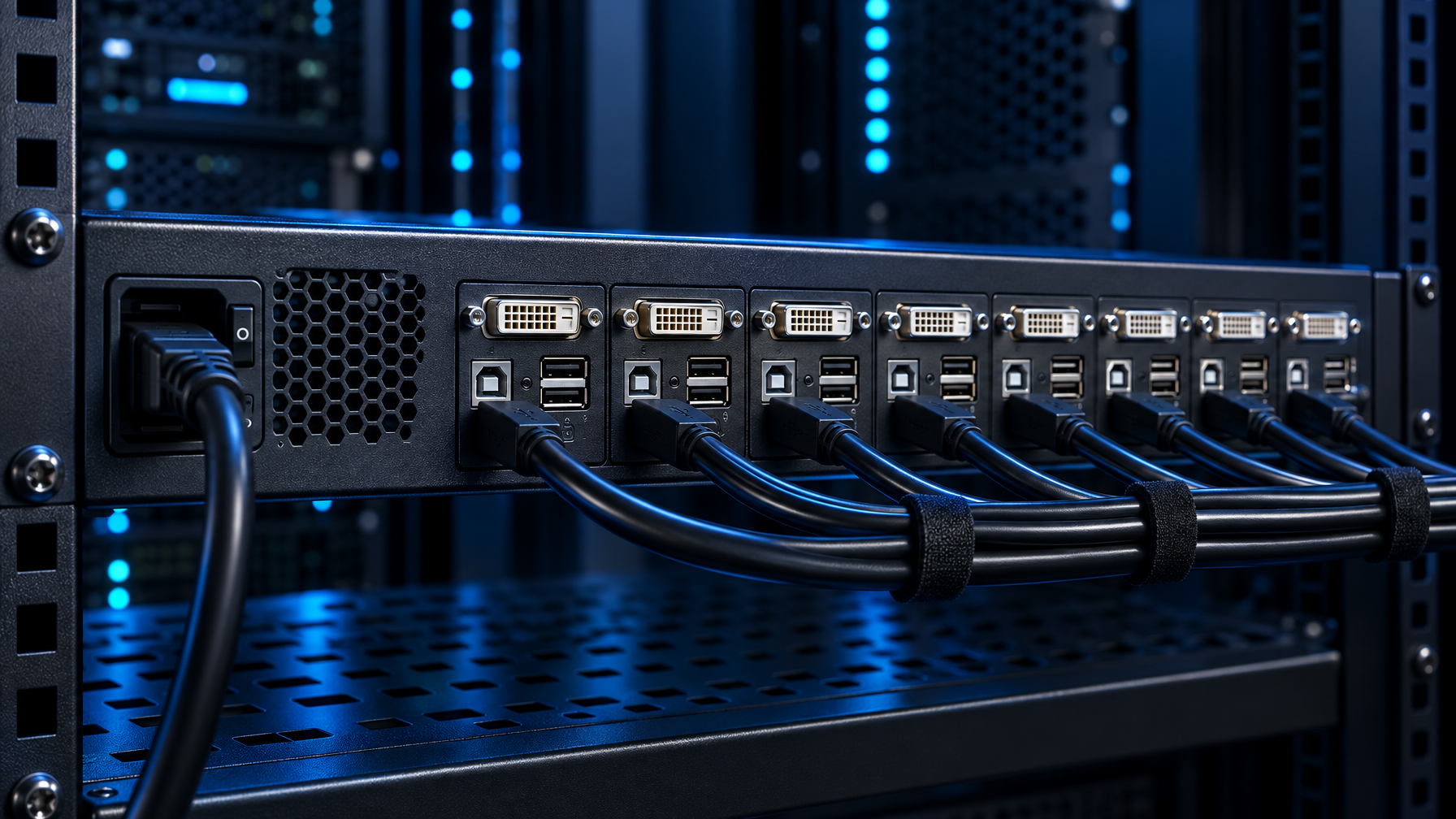 Rear panel of a rackmount KVM with DVI-D and USB HID ports