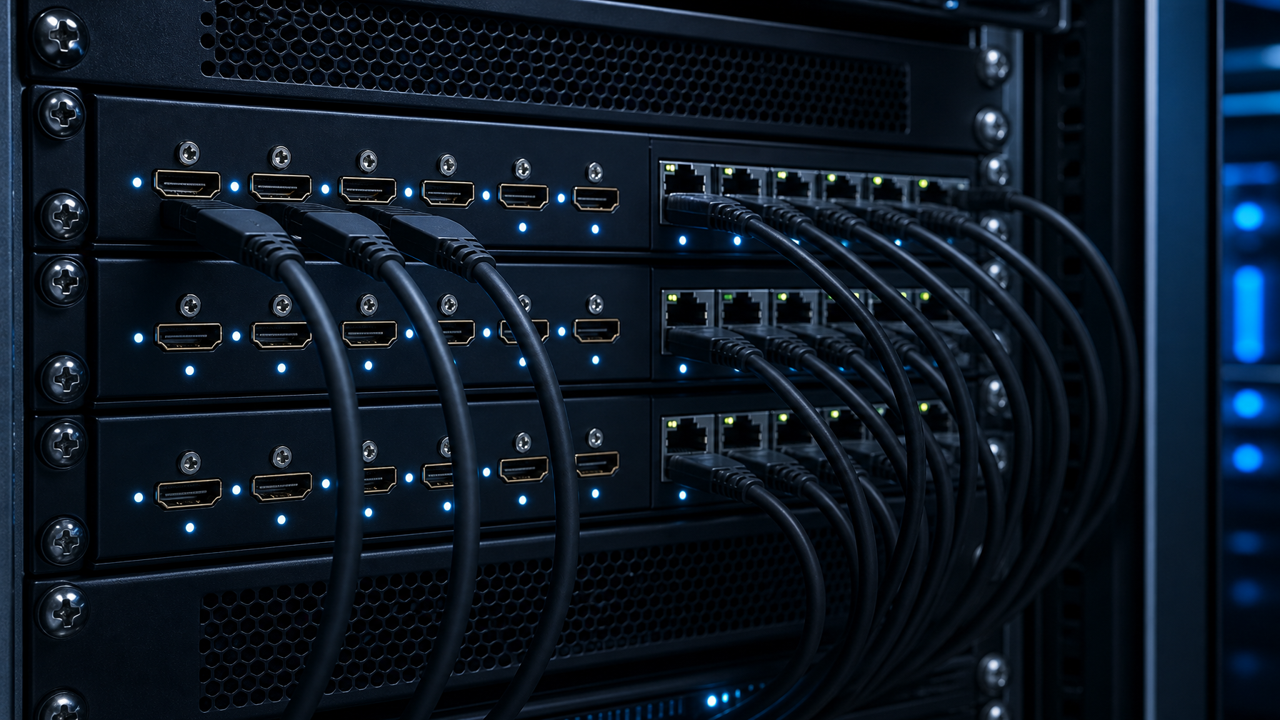 Rear panel of a rackmount HDMI matrix with HDMI and RJ45 HDBaseT ports and cyan status LEDs