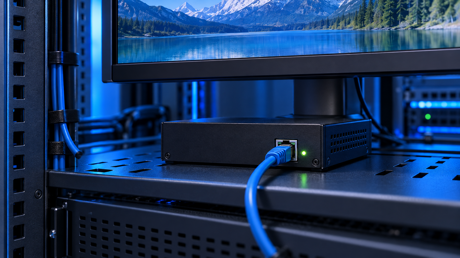 HDBaseT receiver under a monitor powered by PoH on a single Cat6 cable