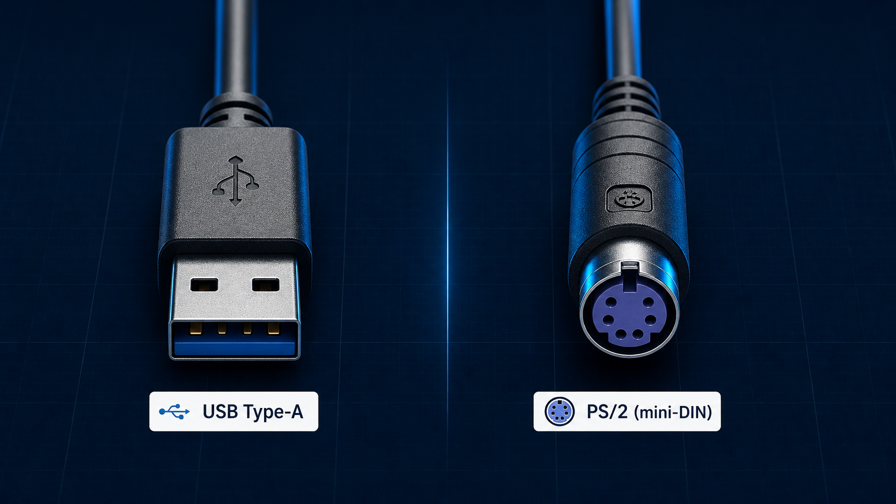 USB Type-A and PS/2 mini-DIN connectors compared side by side for KVM switch interface selection