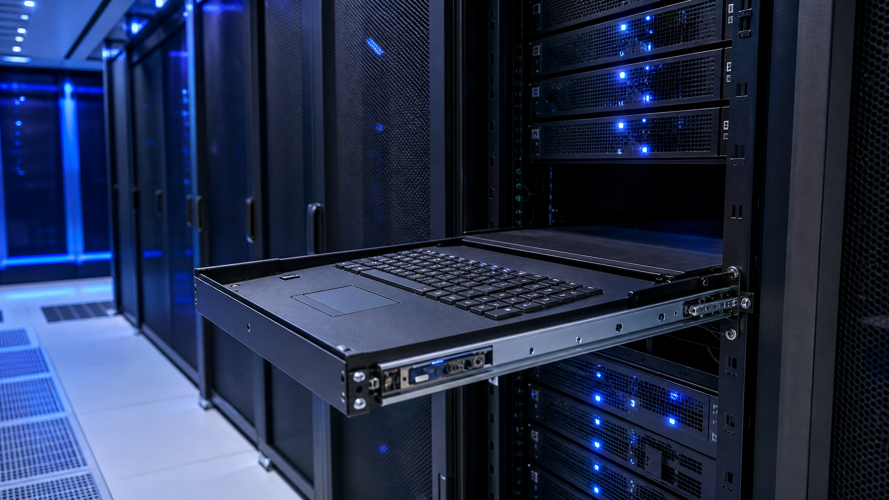 1U rackmount keyboard drawer pulled open from a server rack in a modern data center with blue LED ambient lighting
