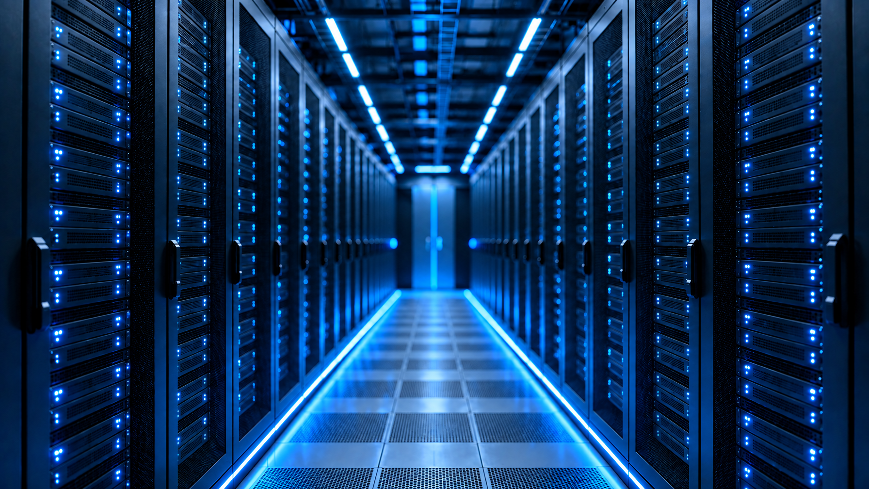 Cool-blue data center aisle with rackmount servers for lights-out remote KVM access