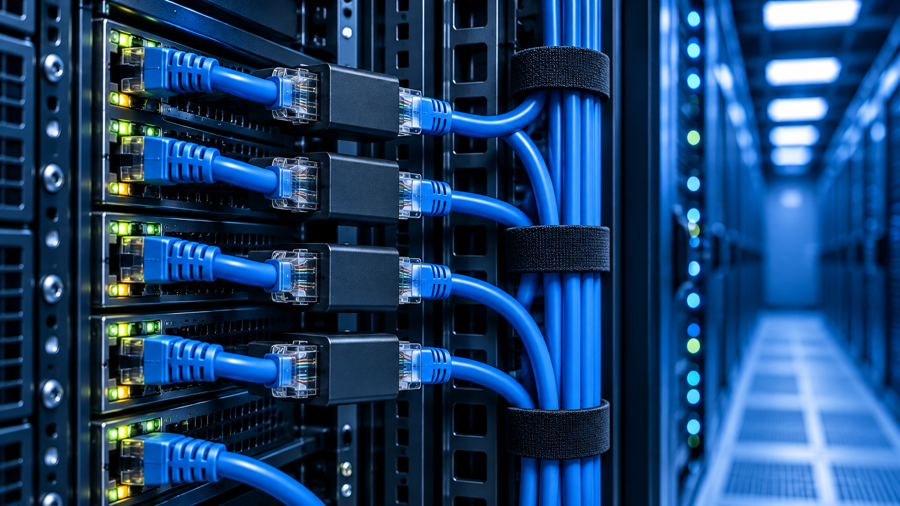 CATx dongles and ethernet patch cables on a rack rail for KVM over ethernet
