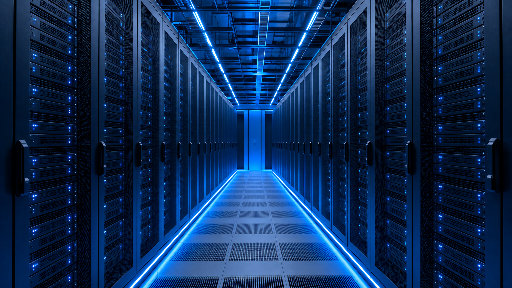 Cool-blue colocation aisle with 19-inch server racks