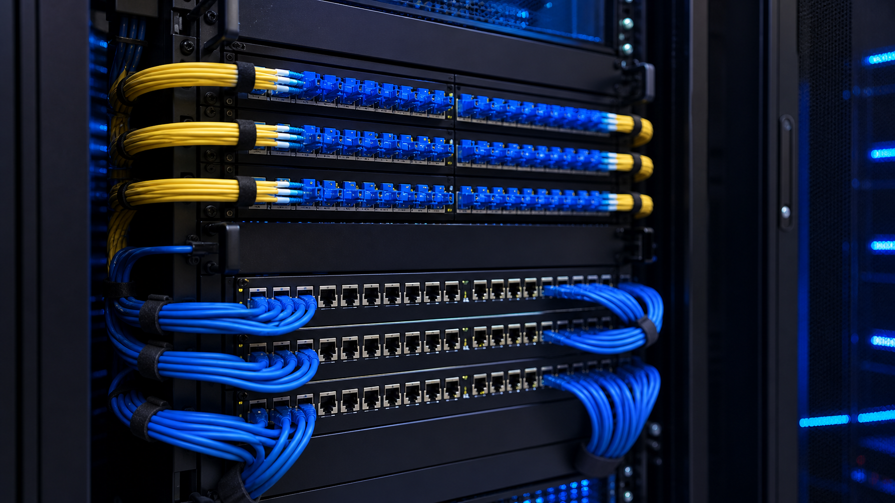 Data center cable management system with fiber optic patch panels and copper Cat6 RJ45 patch panels organized in a server rack under cool blue LED lighting
