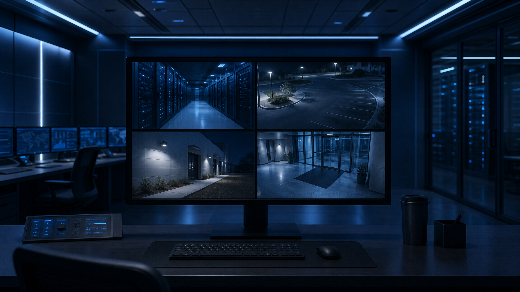 Security operations center with a large monitor displaying four surveillance camera feeds in quad-split layout, cool blue ambient lighting