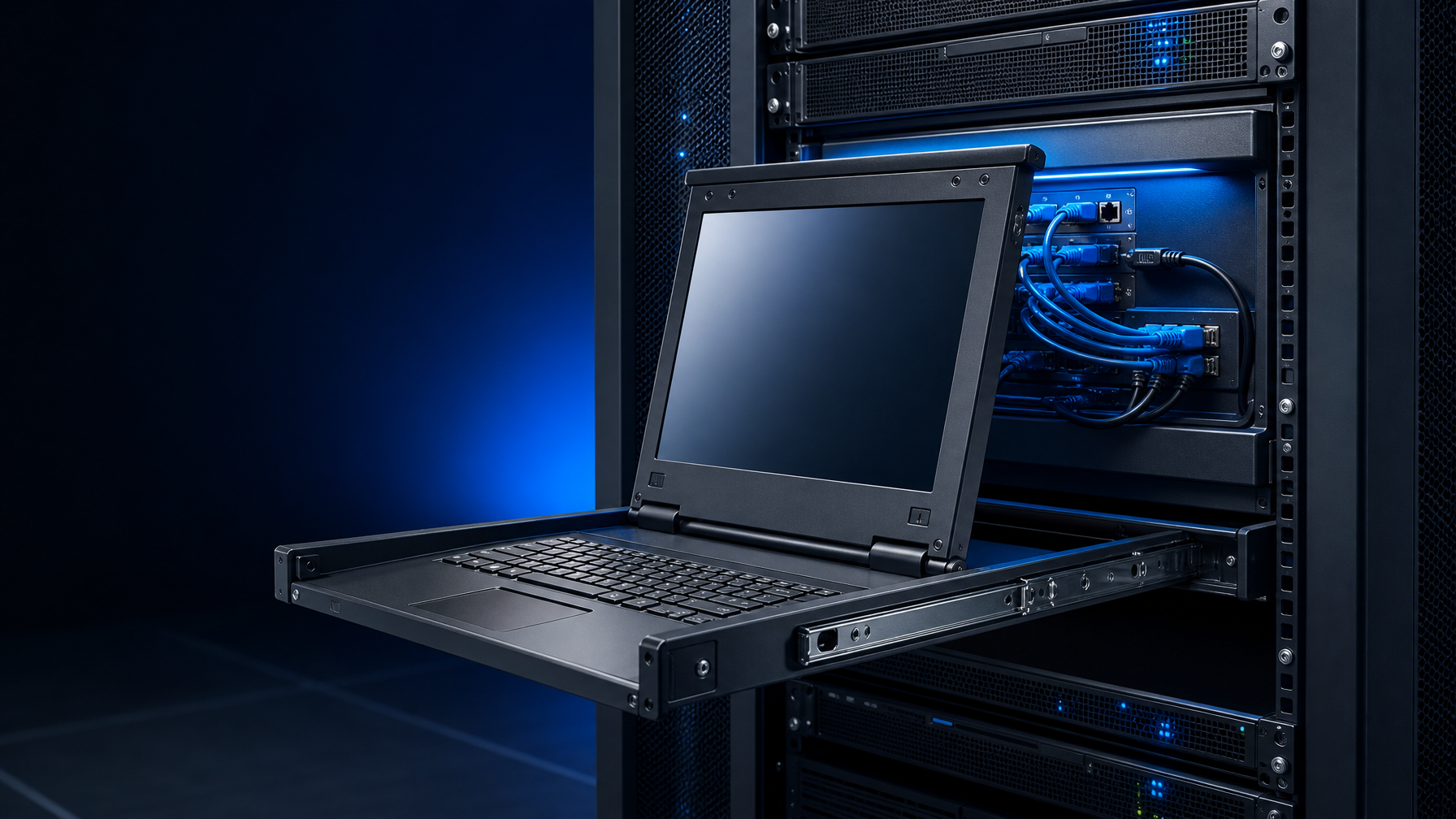 Enterprise data center rack with a rackmount LCD console drawer pulled out, cabled with Category and HDMI cables at the rear under cool blue accent lighting