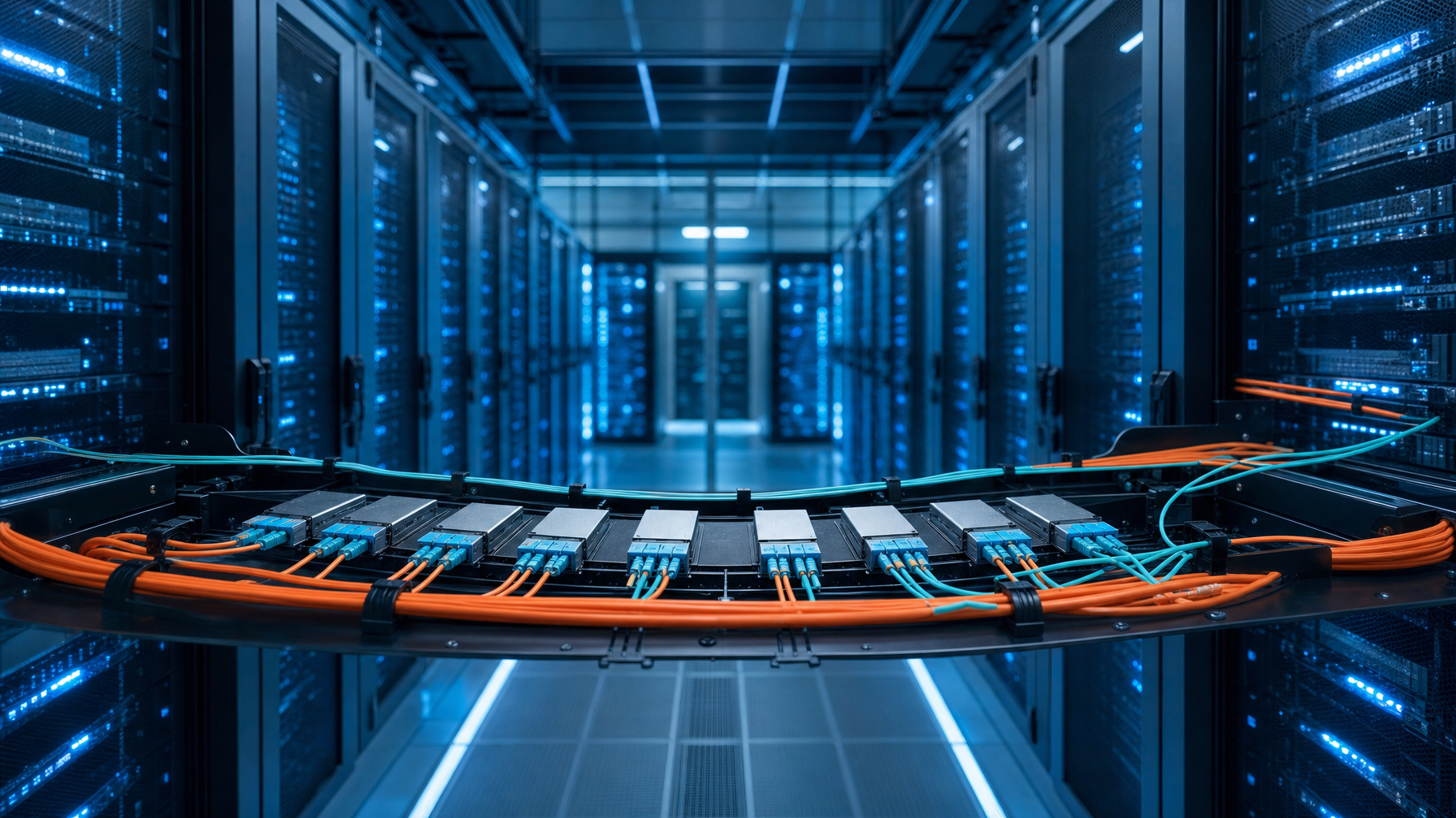 Fiber HDMI transceivers and LC jumpers in a cyan-lit data hall tray