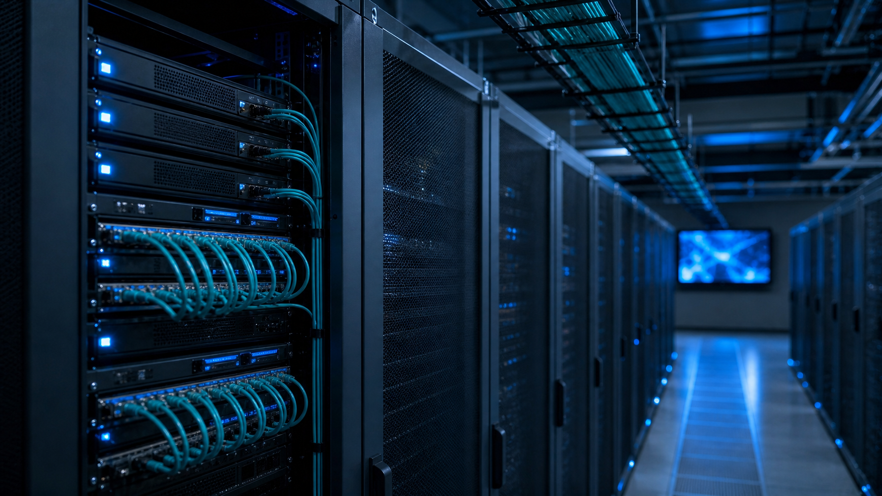 Cool-blue data center rack with Cat6a HDMI extension toward a distant wall display
