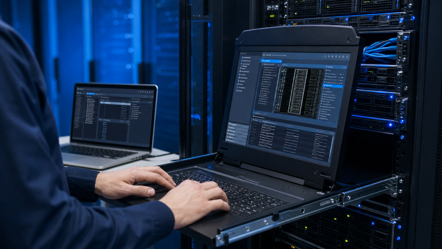 Data center technician at a 1U rackmount KVM console drawer, managing remote server access with a laptop in a blue-lit server room