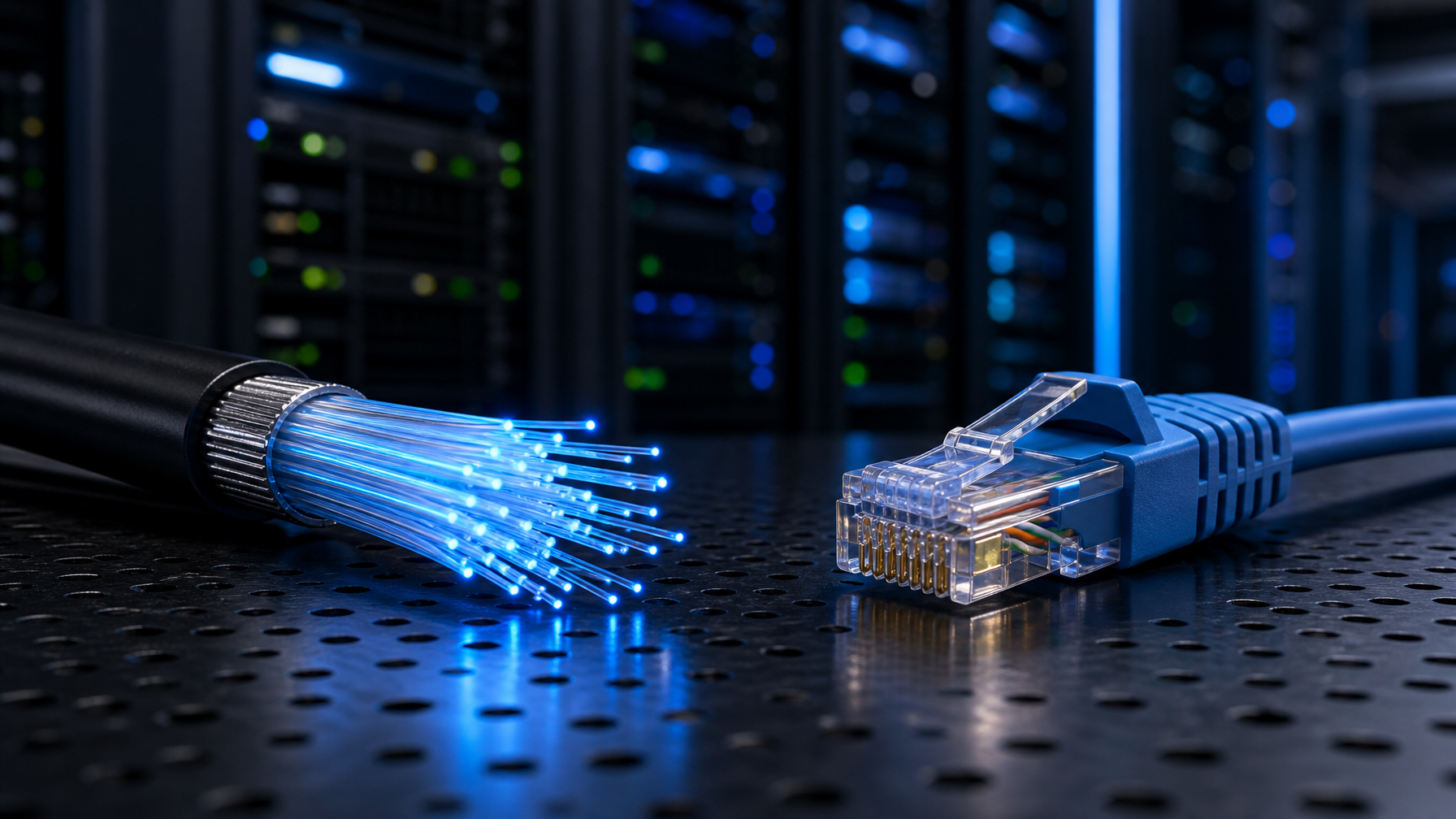 Fiber optic cable and Cat5 Cat6 copper ethernet cable side by side in a data center with cool blue lighting on server racks
