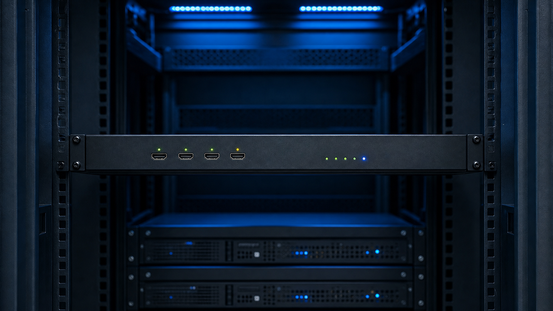 1U rackmount multiviewer device mounted in a server rack with HDMI ports and LED indicators, cool blue data center lighting