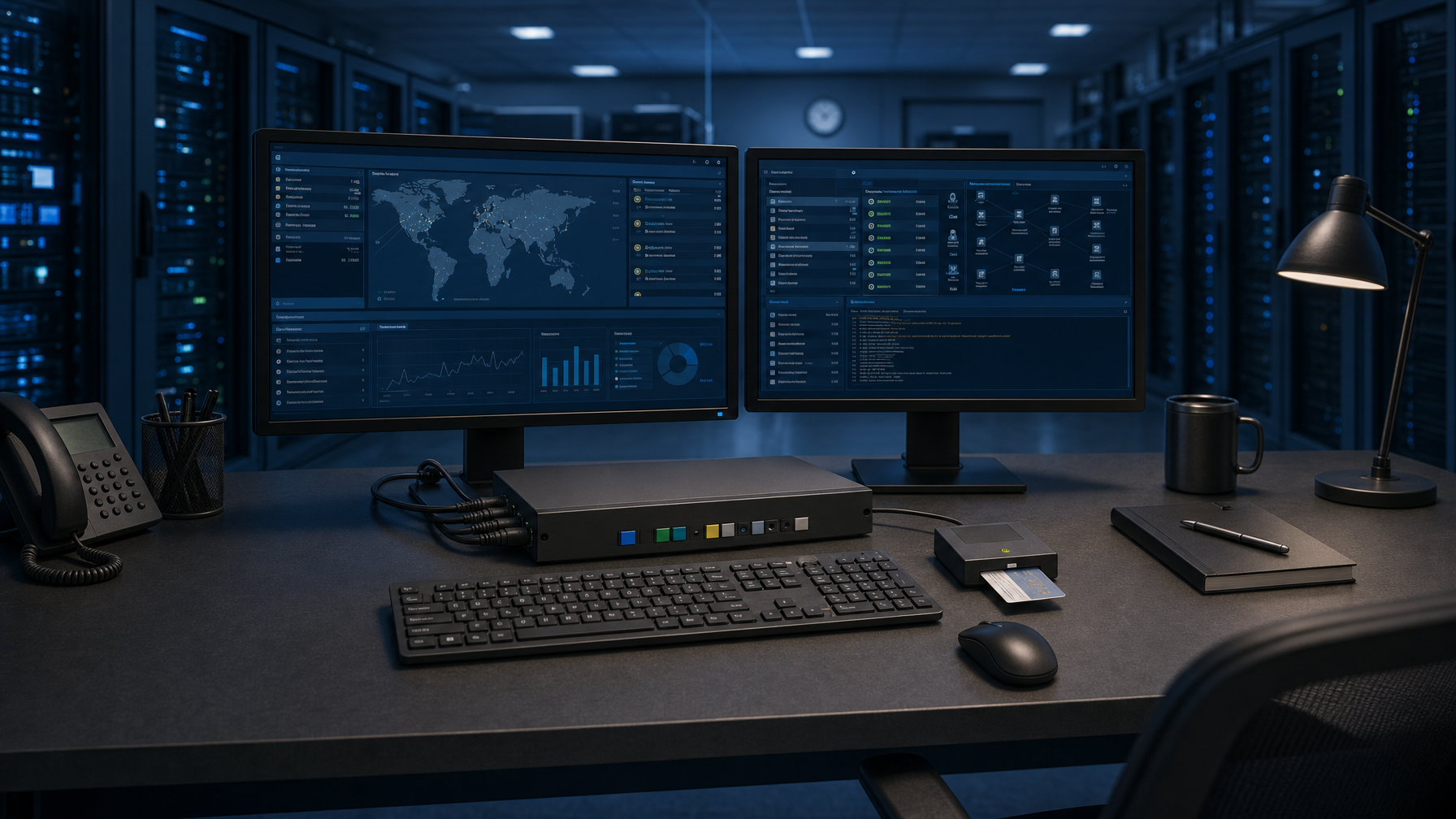 Dual-monitor government desk with a black secure KVM, keyboard, and CAC reader under cool blue lighting