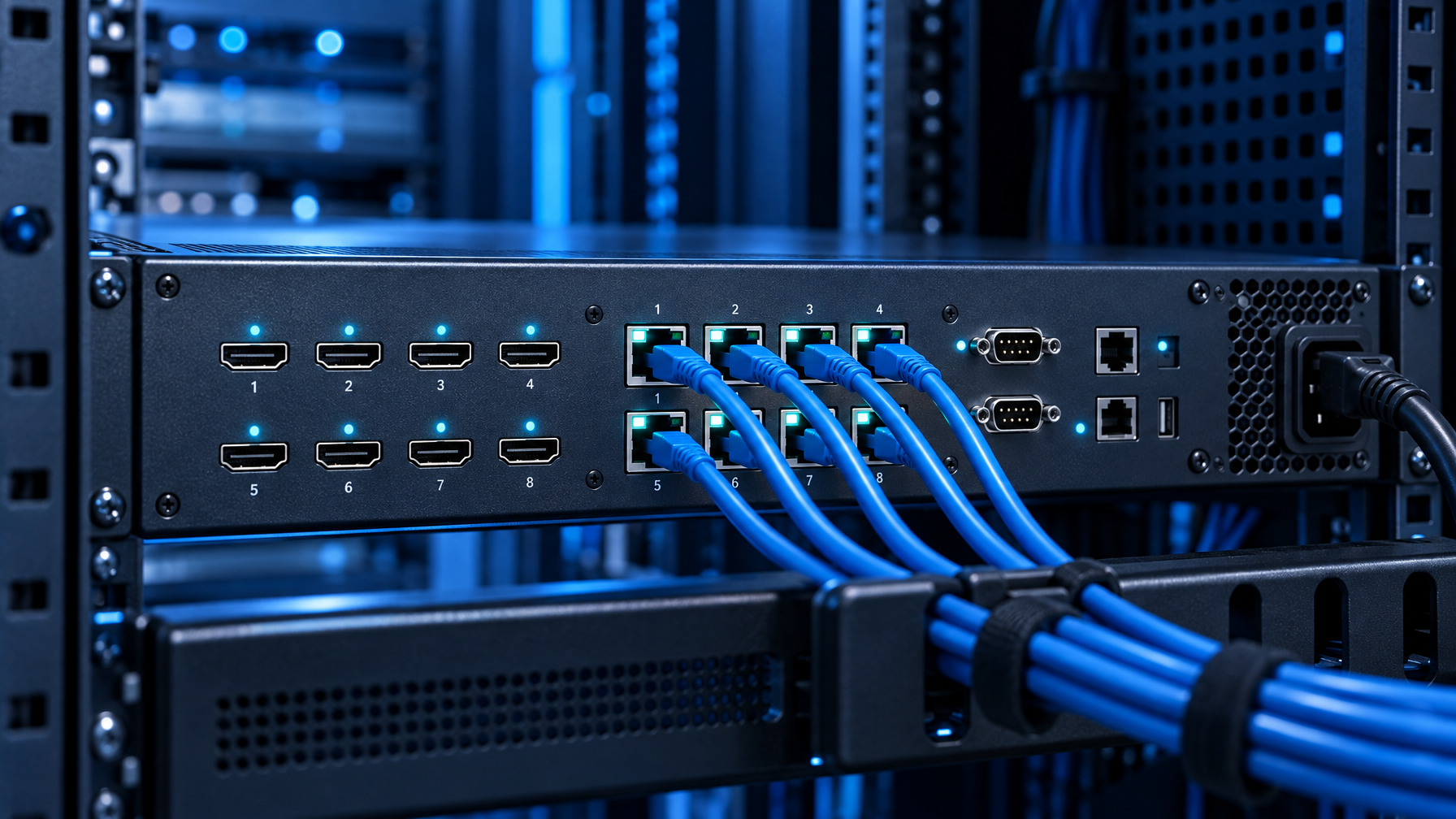 Rear I/O of an HDMI and HDBaseT video matrix with RS-232 and IEC power