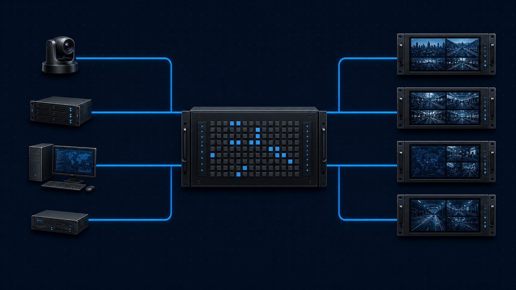 Technical illustration of a video matrix switch routing architecture with input sources connected through a central switch to rackmount displays