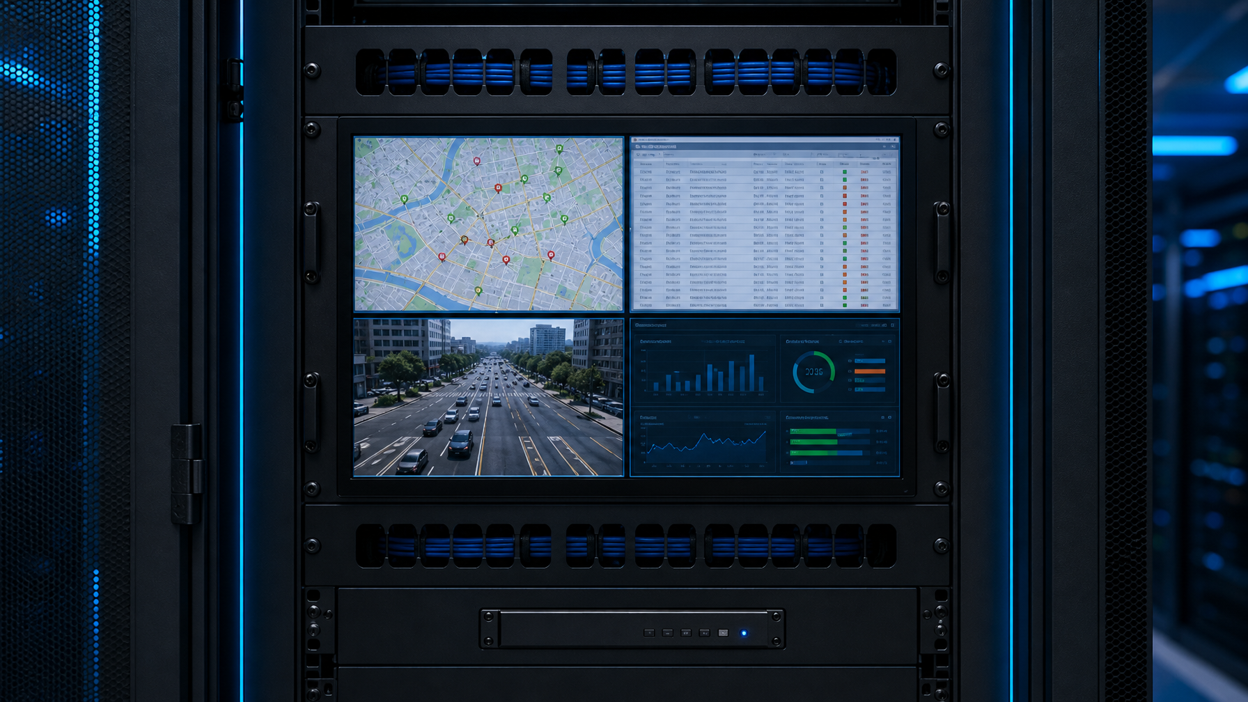 Rackmount equipment rack with PIP quad-screen LCD monitor displaying four simultaneous feeds including map, data table, camera view, and status dashboard