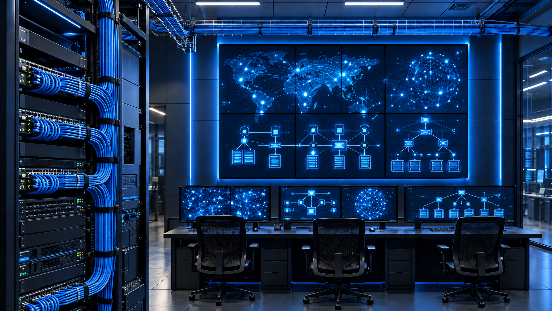 Control room displays fed by Cat6 from a rear rack, HDBaseT distance use case